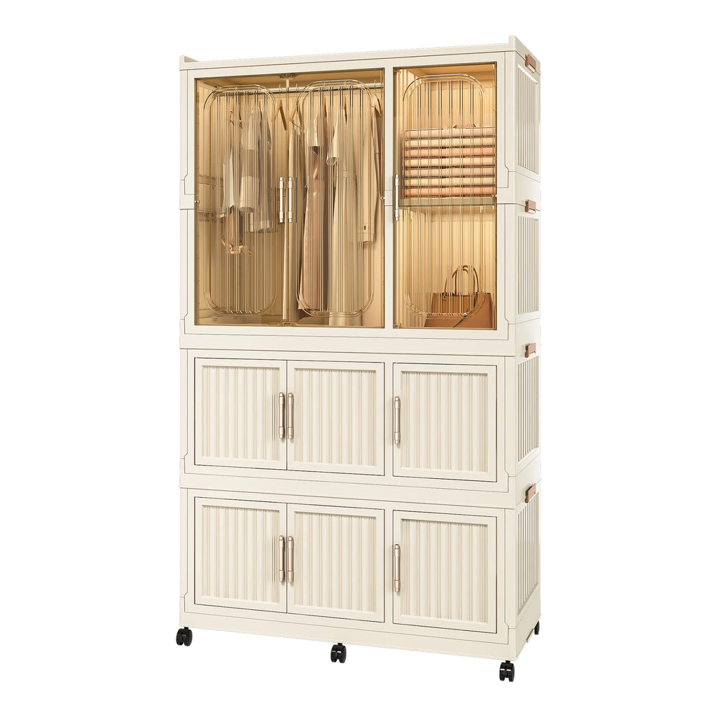 Penderie portable pour enfants Montary avec portes magnétiques et tringle – Meuble de rangement en plastique à 4 casiers pour chambre d'enfant