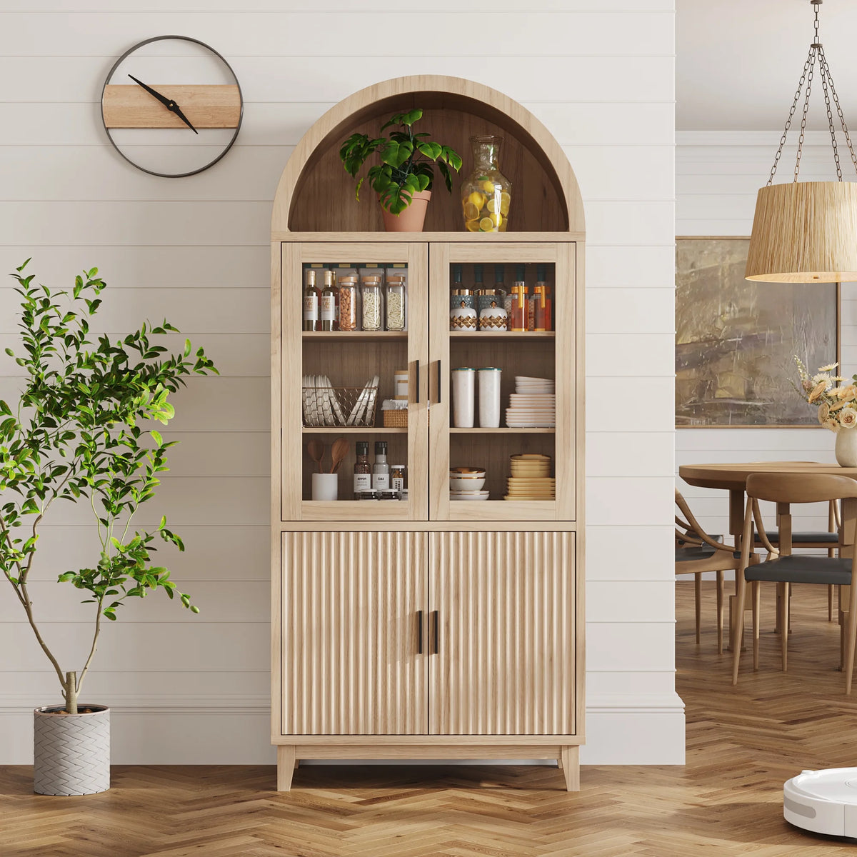 VEANERWOOD 71 Armoire haute cintrée, meuble de rangement de cuisine en bois cannelé avec 4 portes et 6 étagères pour salle à manger et salon