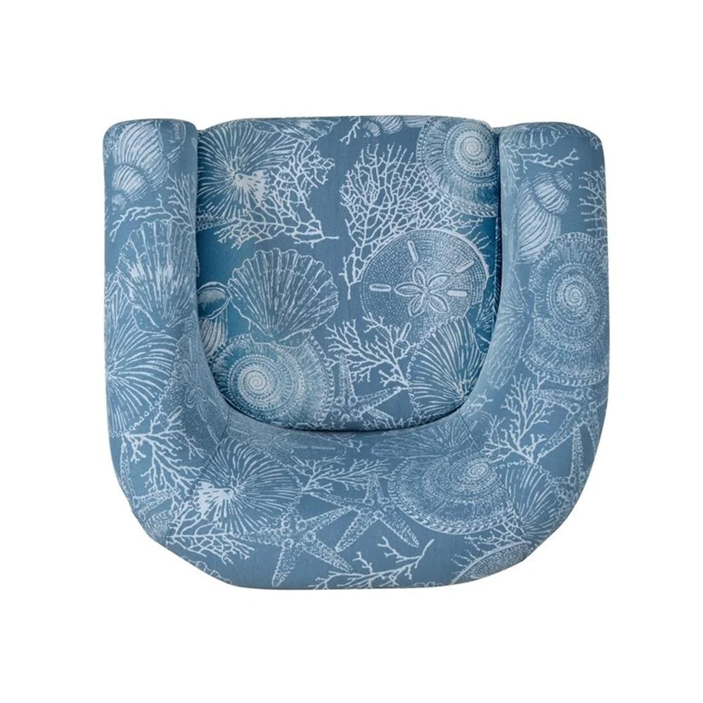 Fauteuil club pivotant entièrement rembourré Linon Rhea, motif coquillages bleus, style côtier