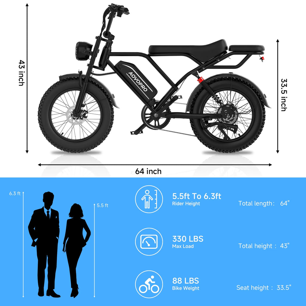 Vélo électrique AOVOPRO AP20 pour adultes, pneus larges 20 x 4,0, vélo tout-terrain 750 W, VTT électrique 48 V 15,6 Ah UL2849