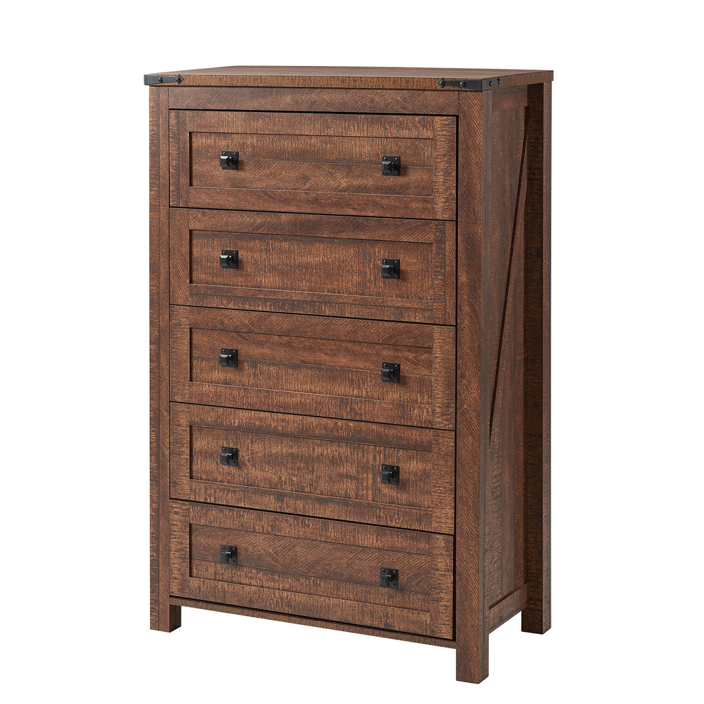 Commode Keywhat Farmhouse à 5 tiroirs pour chambre, meuble de rangement en bois pour salon, blanc antique