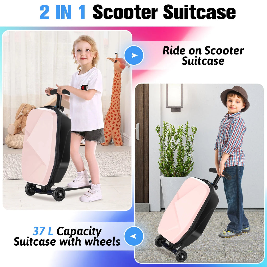 Valise à roulettes Advwin pour enfants et adultes, valise rigide sur laquelle les enfants de 4 à 15 ans peuvent rouler, bagage cabine multifonction léger et pliable avec roulettes, pour enfants et adolescents, rose