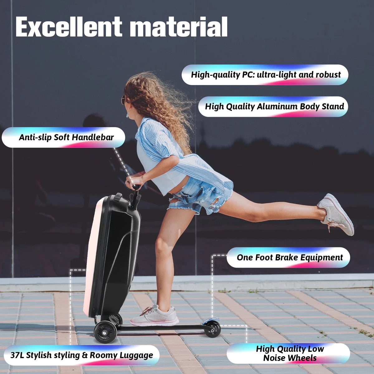 Valise à roulettes Advwin pour enfants et adultes, valise rigide sur laquelle les enfants de 4 à 15 ans peuvent rouler, bagage cabine multifonction léger et pliable avec roulettes, pour enfants et adolescents, rose