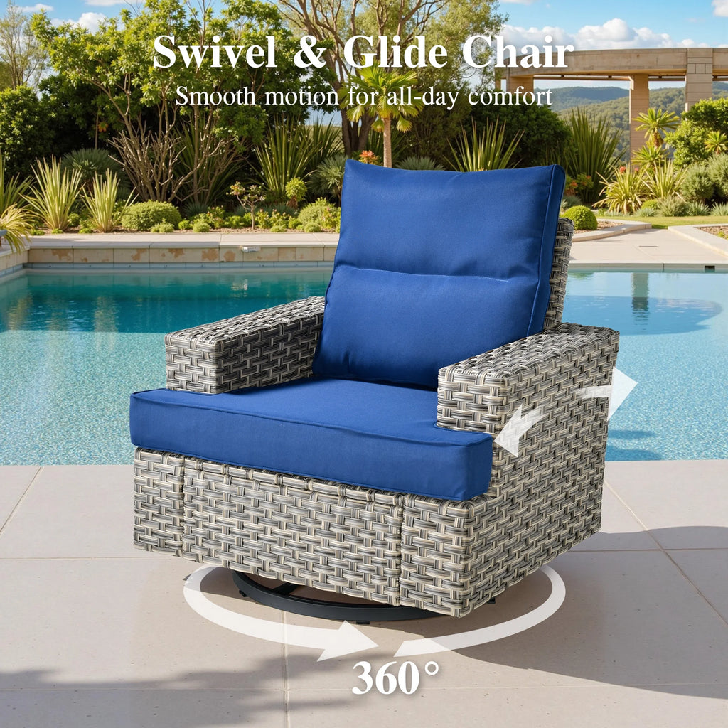 Ovios Salon de jardin modulable moderne en résine tressée toutes saisons à dossier haut, 10 pièces, avec table brasero au propane et fauteuil pivotant, gris foncé