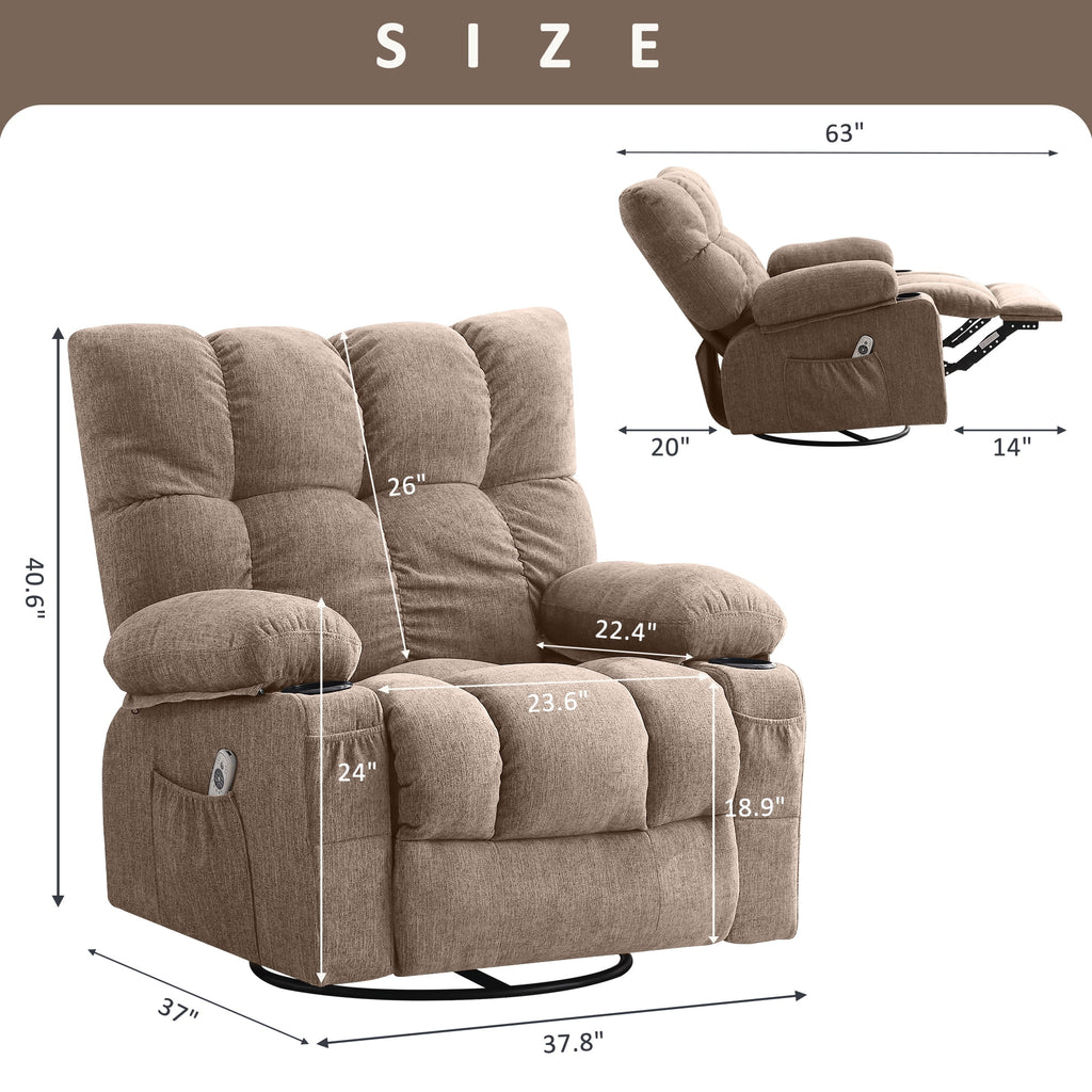 Fauteuil inclinable manuel JONPONY avec fonction de massage et de chauffage, mécanisme d’inclinaison robuste, fauteuil à bascule individuel pour personnes âgées avec porte-gobelets, pour chambre et salle de cinéma maison, gris