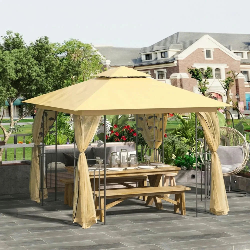 GVN Pergola de jardin pour terrasse, Auvent de pergola, Abri de jardin extérieur avec double toit de 10' x 10' et filet, Beige