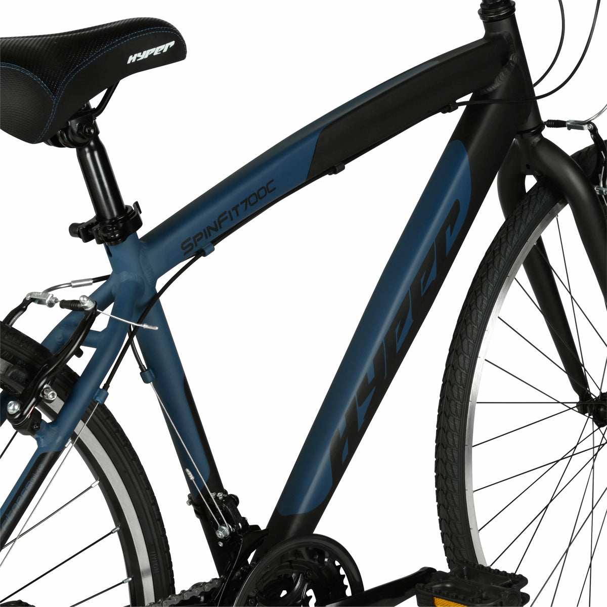 Vélo hybride Hyper Brand Bicycle 700c Spin Fit pour homme, noir et bleu, adulte