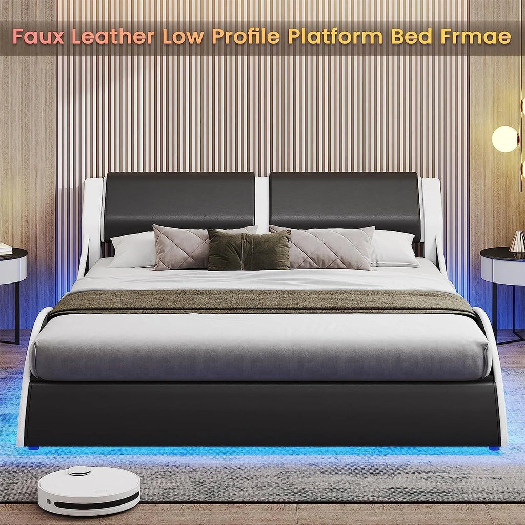 Cadre de lit Queen Size avec éclairage LED,Cadre de lit plateforme moderne avec tête de lit rembourrée,Cadre de lit bas en similicuir effet ondulé,Aucun sommier requis,Noir
