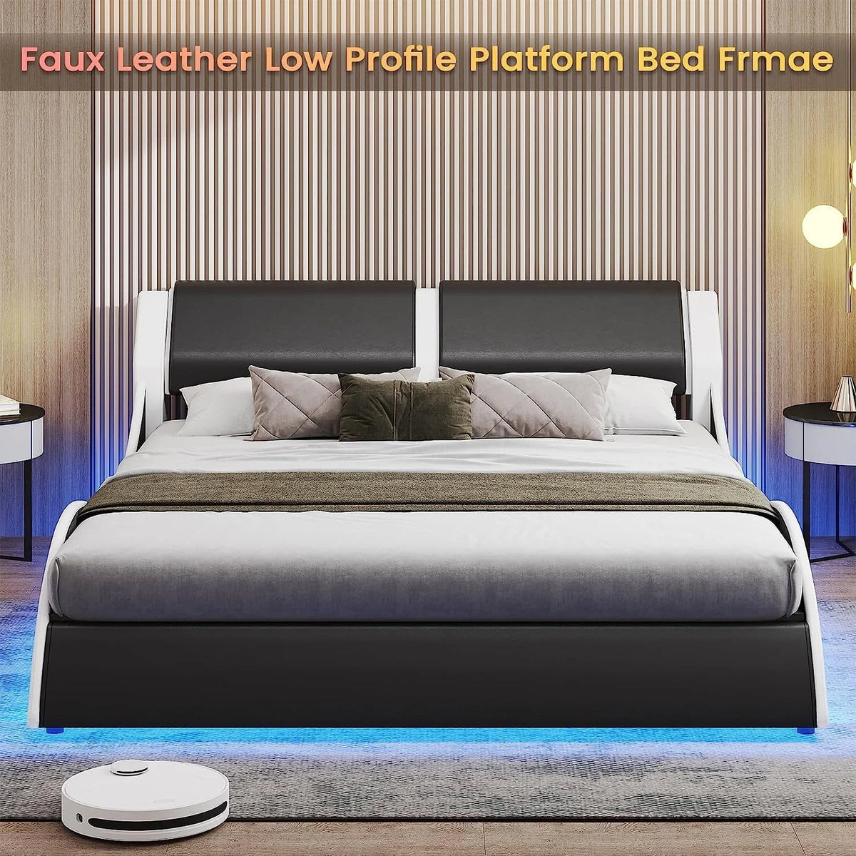 Cadre de lit Queen Size avec éclairage LED,Cadre de lit plateforme moderne avec tête de lit rembourrée,Cadre de lit bas en similicuir effet ondulé,Aucun sommier requis,Noir