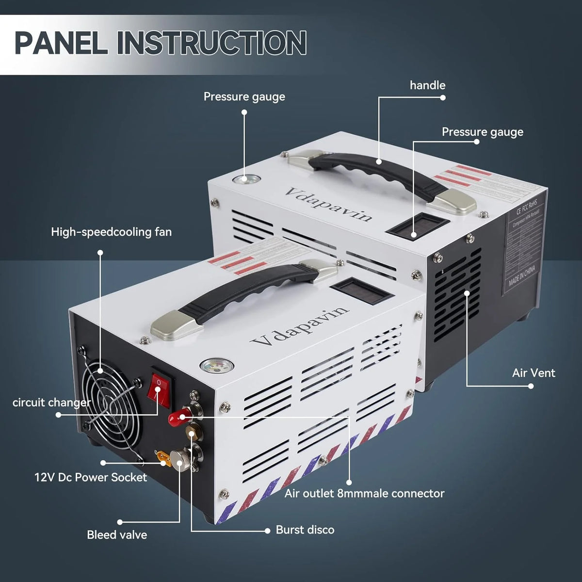Compresseur d’air PCP, 4 500 PSI / 30 MPa - Pompe portable et puissante 12 V CC/110 V CA