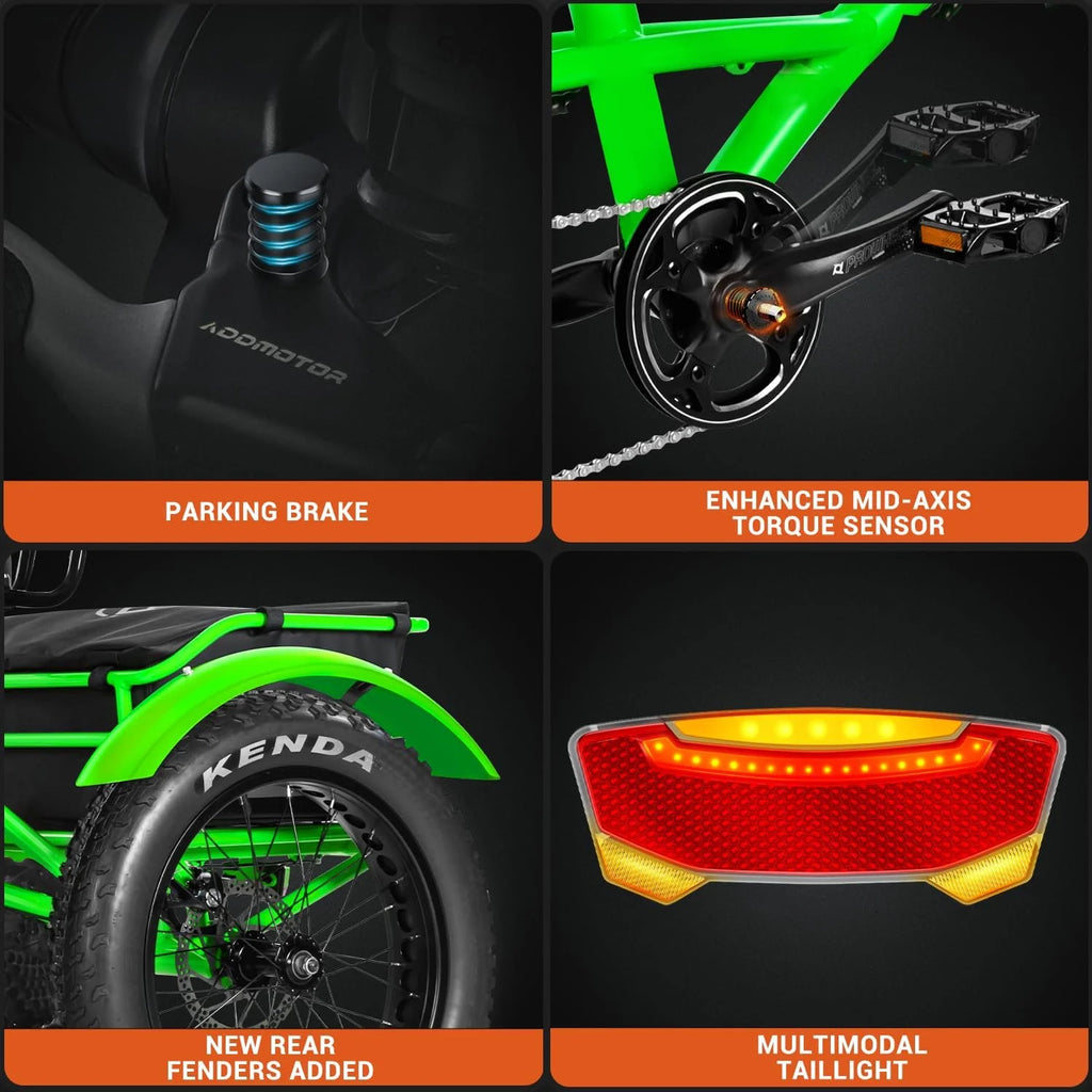 Tricycle électrique semi-allongé Addmotor M-360II, 85 mi, vélo électrique à 3 roues avec pneus larges pour adultes, tricycle électrique 750 W 48 V 20 Ah pour seniors, 20 pouces, avec différentiel de vitesse, vert