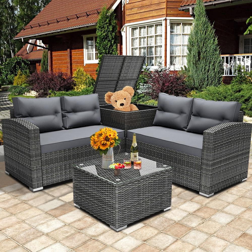 Ensemble de canapés de jardin en rotin, 4 pièces, salon d’angle d’extérieur en résine tressée PE résistante aux intempéries, ensemble de conversation avec coussins et table en verre pour terrasse, jardin, bord de piscine ou deck