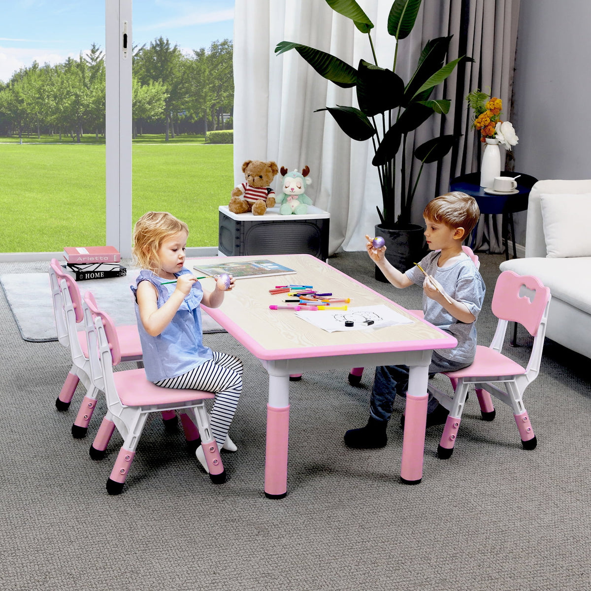 Ensemble table et 4 chaises pour enfants LAZY BUDDY, bureau réglable en hauteur pour tout-petits avec plateau graffiti, ensemble de table d’activités pour enfants pour crèche et maison