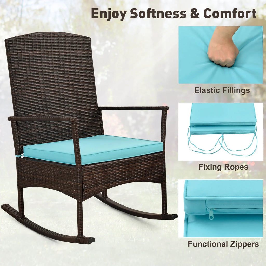 Costway Serenity Ensemble de patio 3 pièces avec fauteuils à bascule en résine tressée, coussins blancs et table basse à 2 niveaux