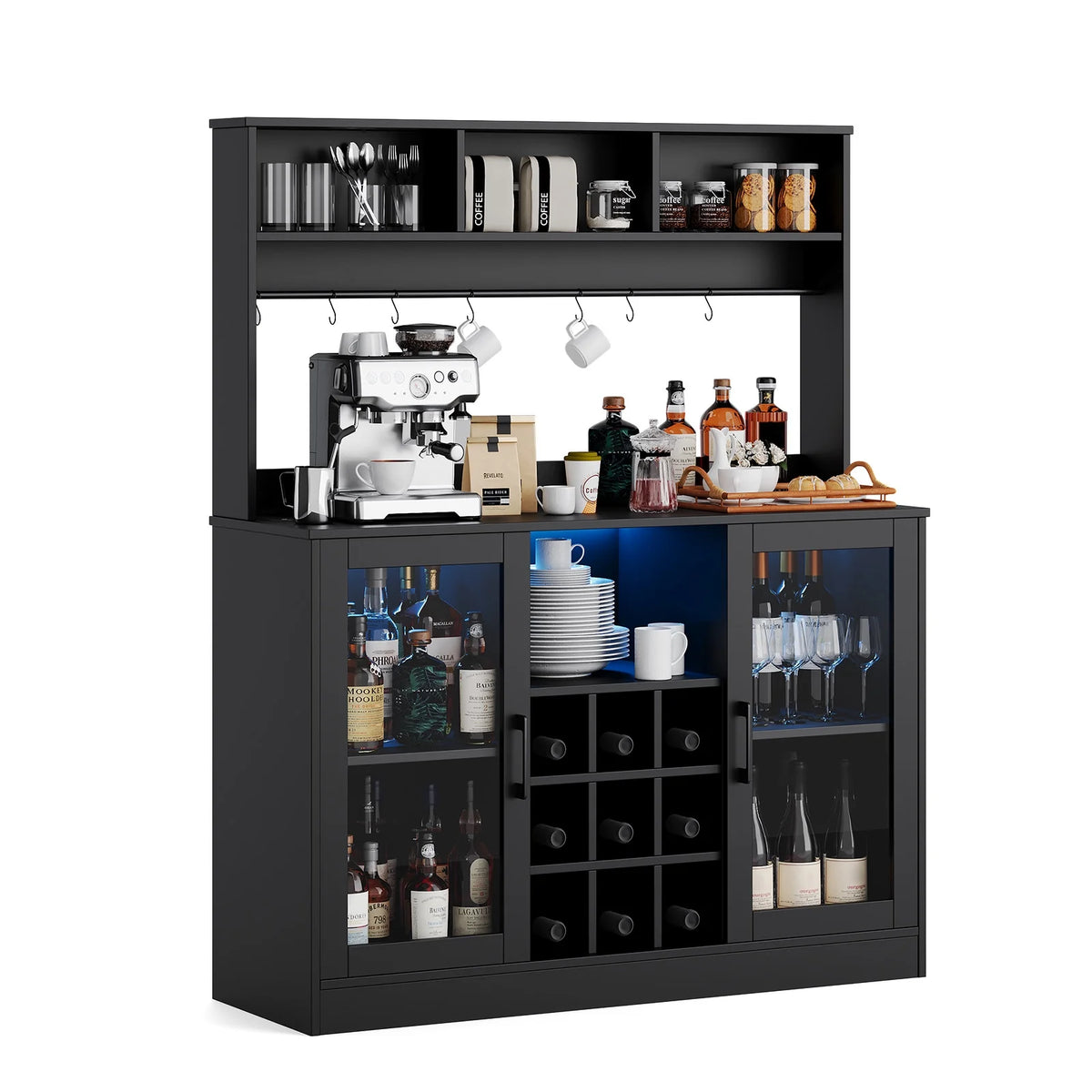 Meuble bar à café et à vin Juiluna avec prise électrique, 6 crochets, 9 porte-verres et étagère réglable, meuble à boissons avec éclairage LED, buffet avec étagère de rangement pour cuisine, noir