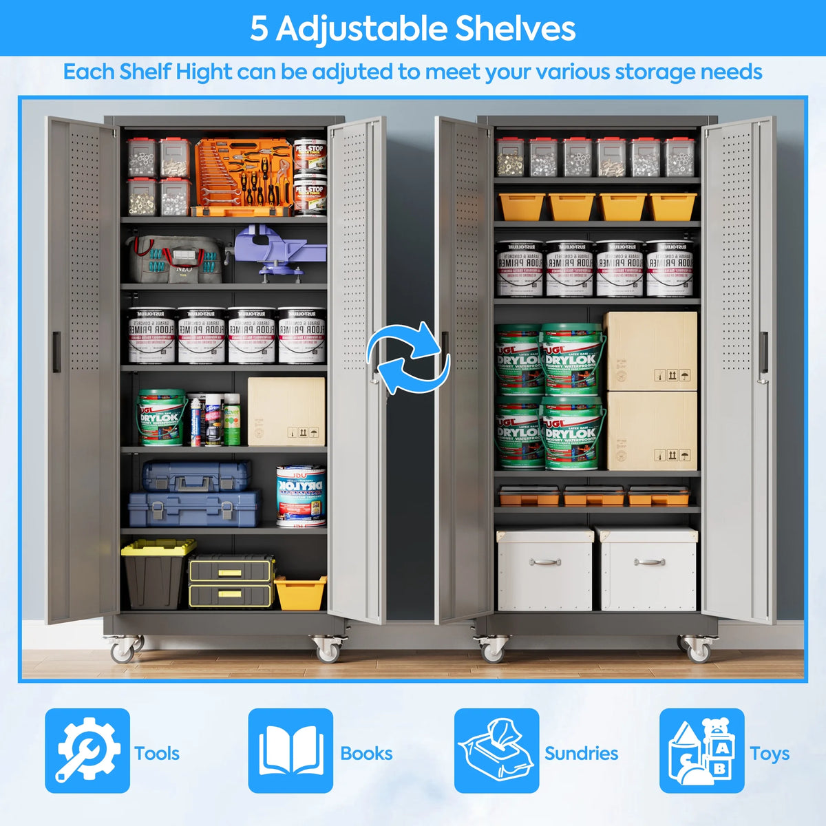SUPEER Armoires de rangement métalliques à roulettes avec portes verrouillables et 5 étagères réglables, Armoire de rangement en acier pour garage, bureau, salle de classe, Assemblage requis(Noir)