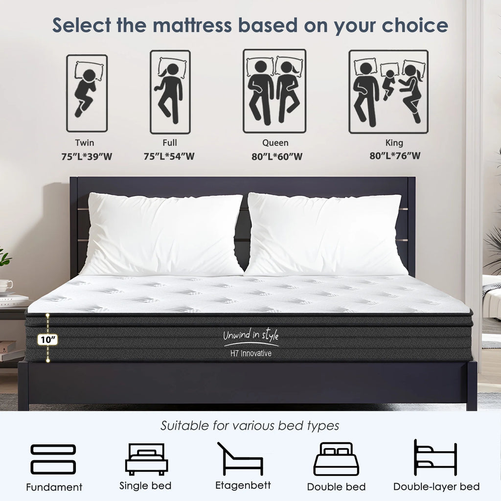 Matelas hybride King SOGES de 254 cm pour adultes, matelas en mousse à mémoire de forme, fermeté moyenne, ressorts ensachés