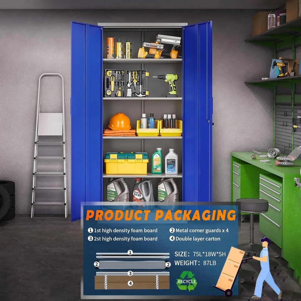 Armoire de rangement en métal Fesbos pour garage avec 2 portes et 4 étagères réglables - Classeur en acier verrouillable de 71, armoire à outils verrouillable pour bureau, maison, garage, salle de sport (Bleu)