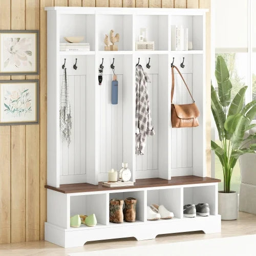 Vestiaire d’entrée style maison de campagne avec banc, meuble d’entrée de 150 cm de large avec 8 crochets et compartiments de rangement, porte-manteau moderne et banc à chaussures pour entrée, blanc