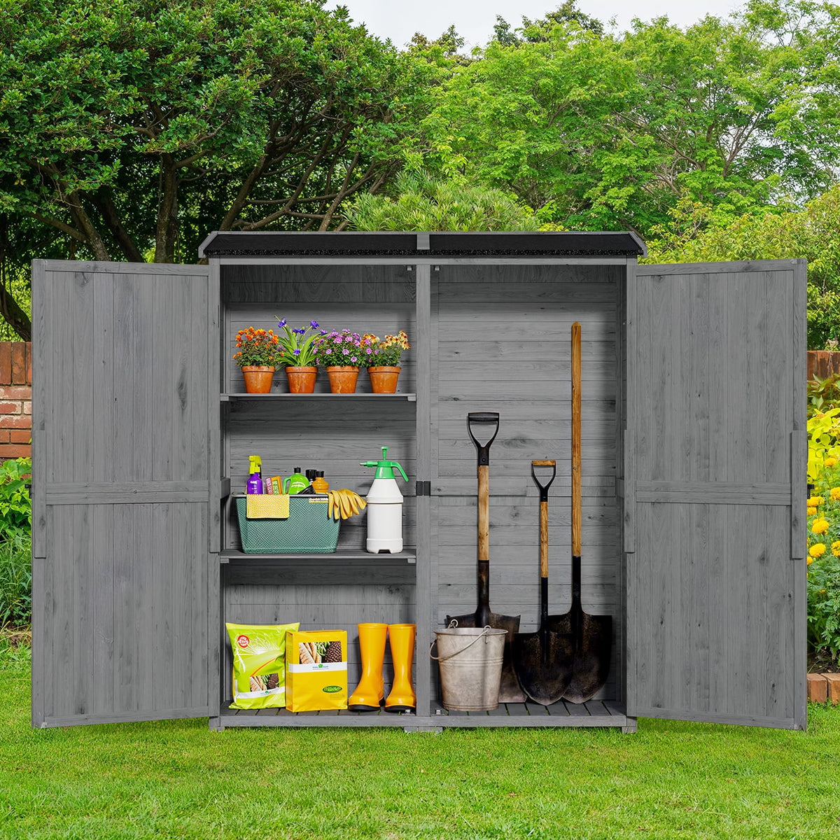 Abri de rangement extérieur large Aiho 55 avec portes doubles verrouillables - Abri de jardin résistant aux intempéries pour terrasse, jardin et pelouse, gris