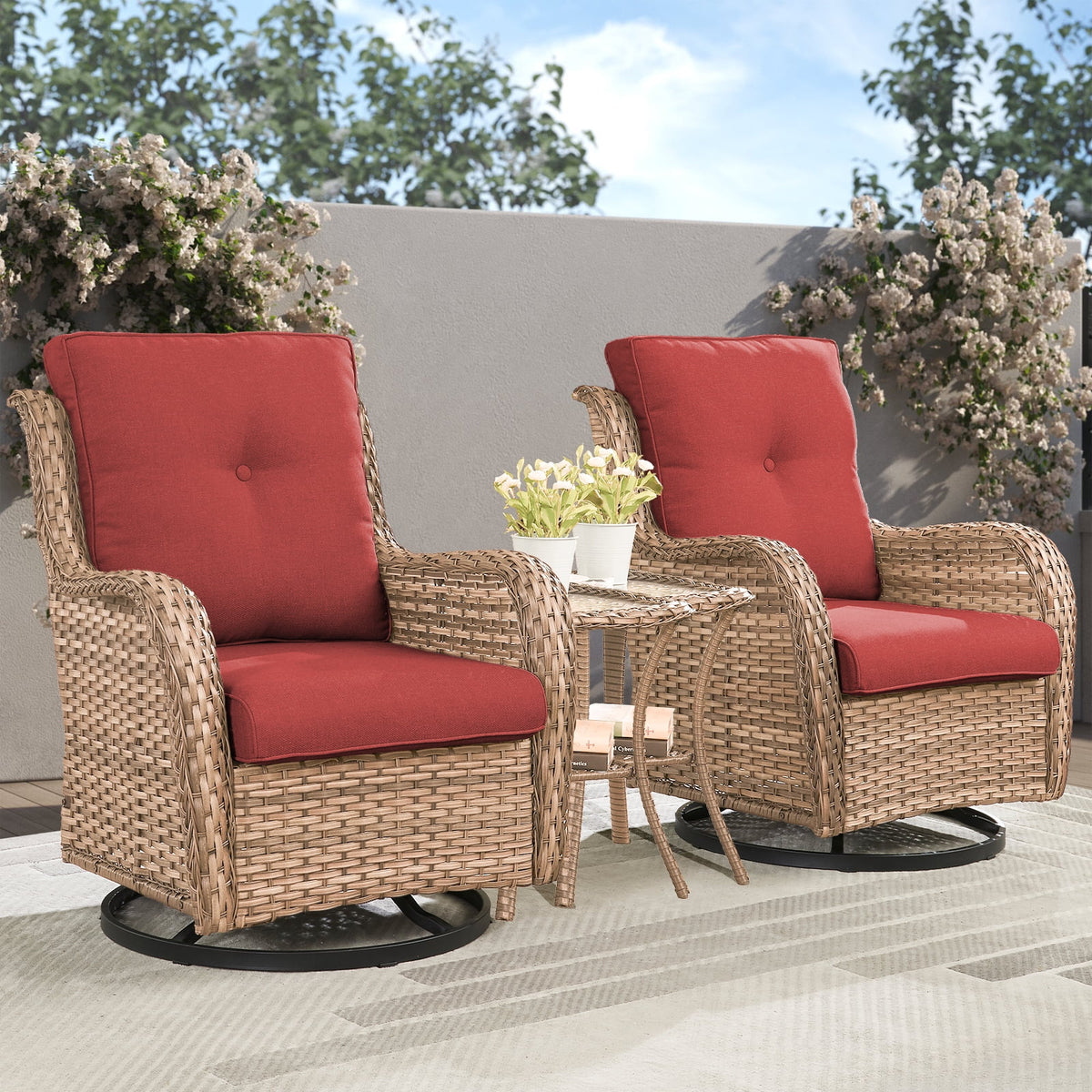 POCASSY Salon de Jardin 3 Pièces en Rotin Tressé Fauteuils Berçants et Pivotants avec Coussins