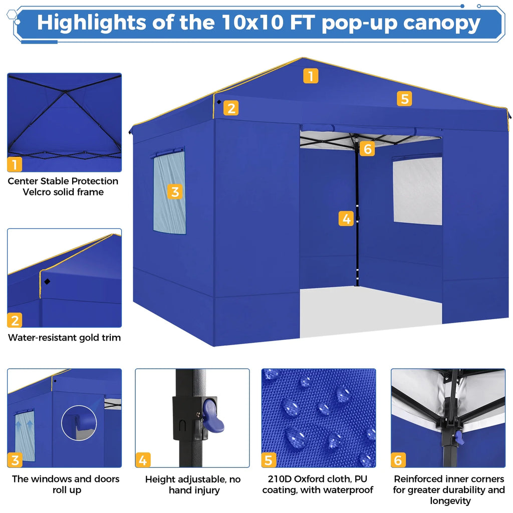 HOTEEL Chapiteau pop-up 10x10 avec murs latéraux, Tente imperméable pour fêtes et événements de mariage, Gazébo d'extérieur instantané avec sac de transport, piquets, cordes et sacs de sable, Noir