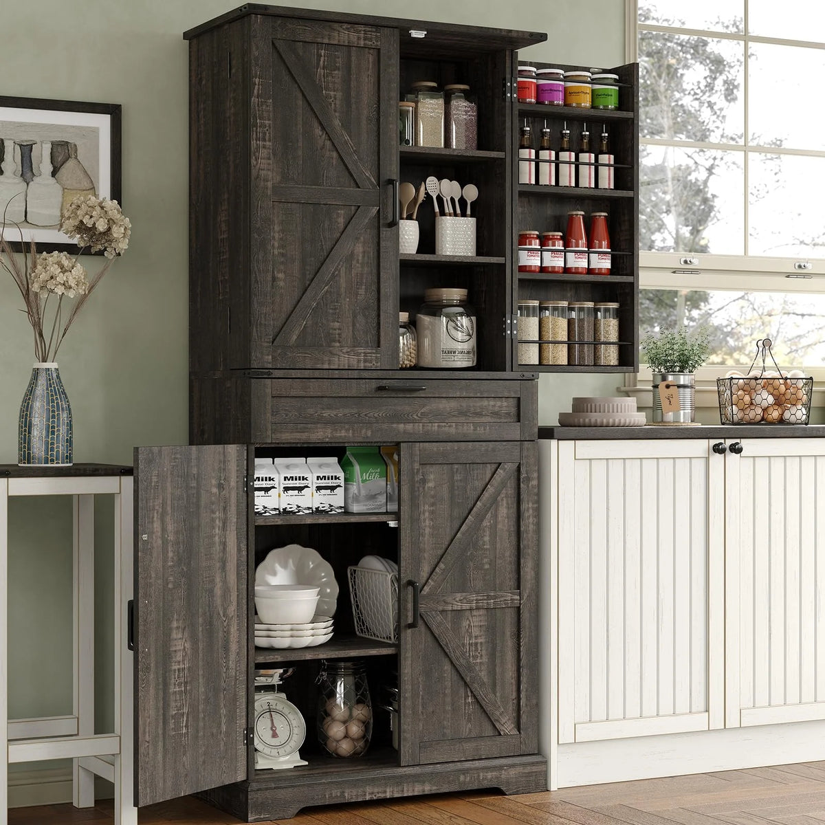FUSOU Armoire de rangement de cuisine 72'', Armoire haute avec 8 étagères de porte, 2 placards et 1 tiroir, Meuble autoportant pour cuisine, salle à manger, salle de bain, buanderie