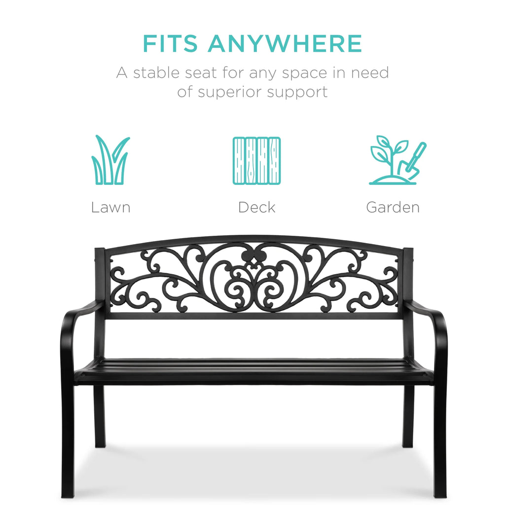 Best Choice Products Banc en Acier d'Extérieur Jardin Patio Porche Meuble avec Dossier à Motif Floral - Noir