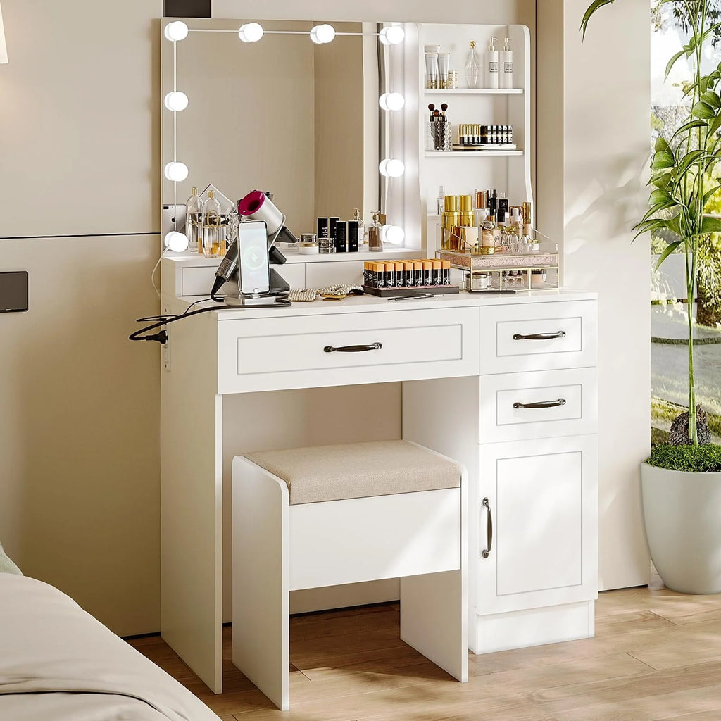 Coiffeuse RichYa avec miroir lumineux, prise électrique, tiroirs et armoire pour chambre à coucher, blanc