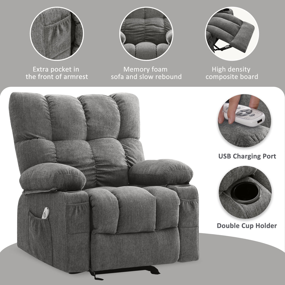 Fauteuil inclinable manuel JONPONY avec fonction de massage et de chauffage, mécanisme d’inclinaison robuste, fauteuil à bascule individuel pour personnes âgées avec porte-gobelets, pour chambre et salle de cinéma maison, gris