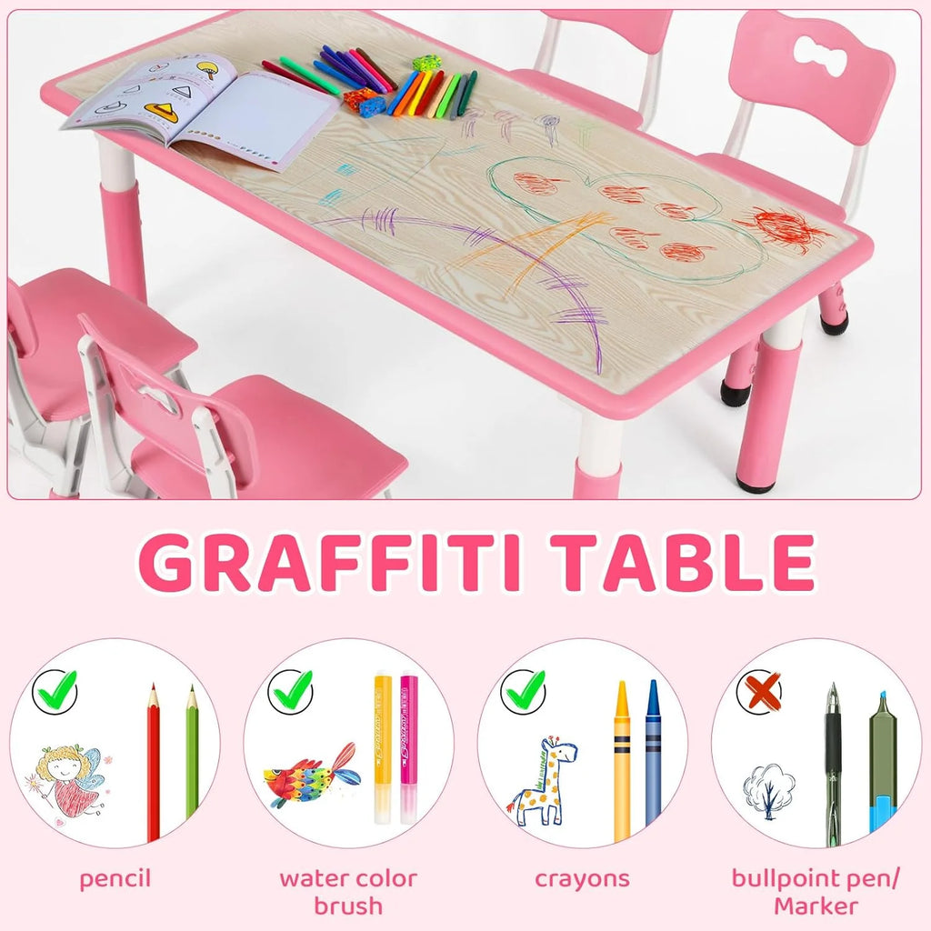 Ensemble table et 4 chaises pour enfants LAZY BUDDY, bureau réglable en hauteur pour tout-petits avec plateau graffiti, ensemble de table d’activités pour enfants pour crèche et maison