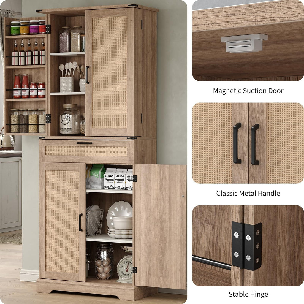 FUSOU Armoire de rangement de cuisine 72'', Armoire haute avec 8 étagères de porte, 2 placards et 1 tiroir, Meuble autoportant pour cuisine, salle à manger, salle de bain, buanderie