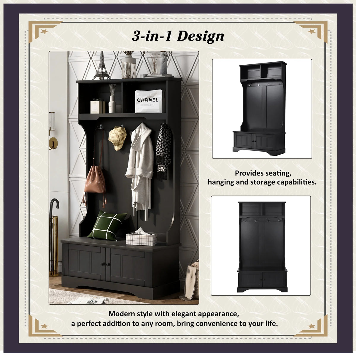 Vestiaire d’entrée avec banc rembourré et patères, banc d’entrée avec 3 crochets, 3 étagères ouvertes, 2 tiroirs et placards de rangement, banc de vestibule avec rangements et crochets pour entrée, vestibule ou couloir (beige)