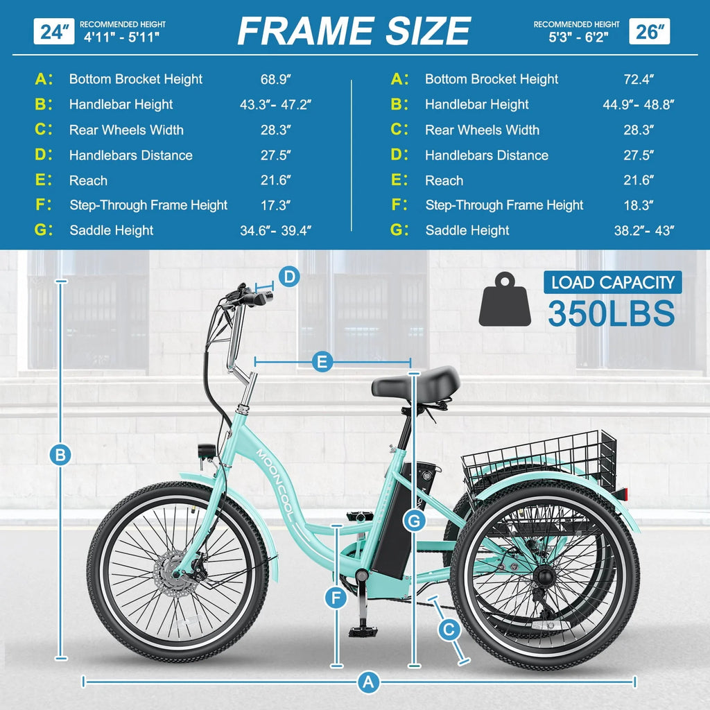 Tricycle électrique ABORON 350W, 7 vitesses, 24/26 pouces, motorisé, 3 roues, pour adultes, avec batterie au lithium 36V 10Ah certifiée UL, panier arrière