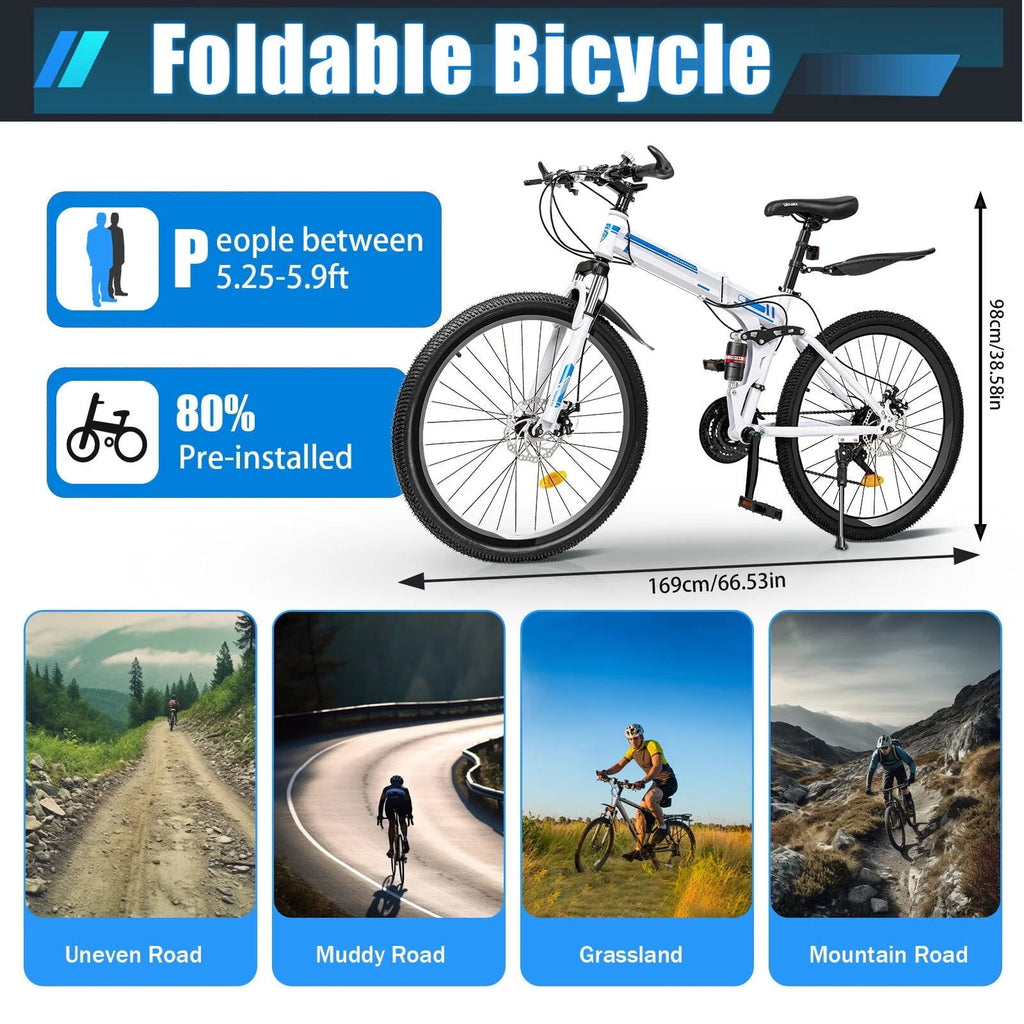 Vélo tout-terrain pliant Wuzstar 26, 21 vitesses, en acier à haute teneur en carbone, avec double frein à disque