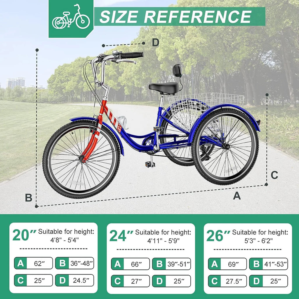 Tricycles pour adultes MOONCOOL avec panier arrière et pompe à pied, vélos à 3 roues 7 vitesses de 24 et 26 pouces, vélo à trois roues pour adultes avec dossier pour seniors, femmes et hommes
