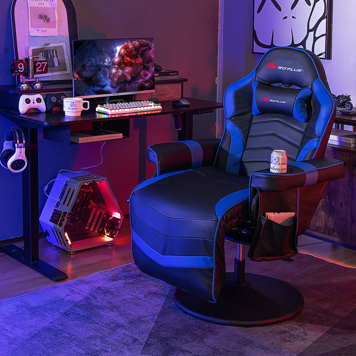 Fauteuil gaming inclinable Goplus avec massage, réglable en hauteur, pivotant, style racing, avec porte-gobelet, rouge