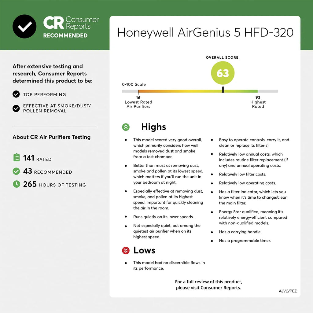 Purificateur d’air Honeywell Air Genius 5 avec filtre lavable, pour grandes pièces de 250 pi², noir, HFD320