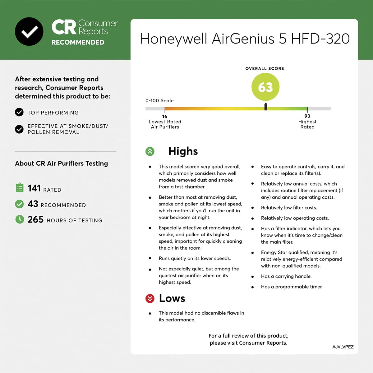 Purificateur d’air Honeywell Air Genius 5 avec filtre lavable, pour grandes pièces de 250 pi², noir, HFD320