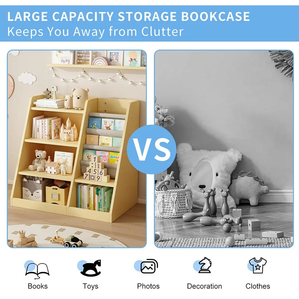 IVV Bibliothèque Montessori pour enfants, Bibliothèque moderne en bois à 4 niveaux, Étagère à livres et jouets pour enfants, Support d’étagère en tissu, Pour salle de classe, chambre, chambre de bébé ou salle de jeux (Rose)