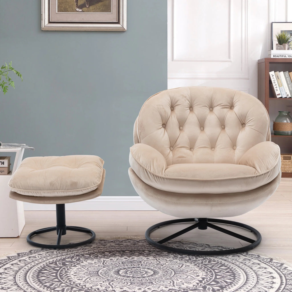 Fauteuil d'appoint pivotant en velours avec pouf, fauteuil méridienne moderne avec structure en métal et repose-pieds, fauteuil confortable pour la lecture, salon, chambre, bureau, bleu