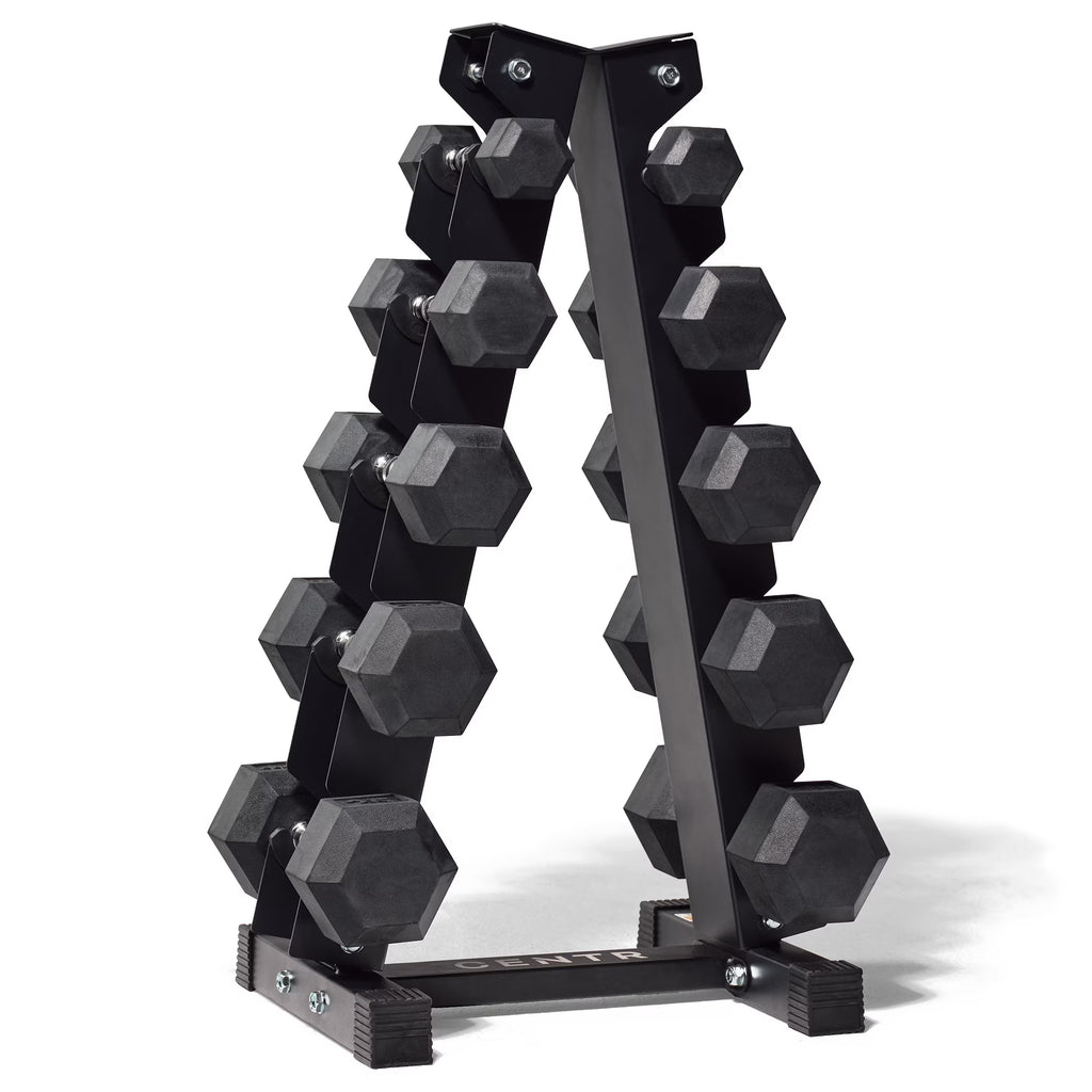 Set d’haltères hexagonaux en caoutchouc Centr de 150 lb avec rack, poids de 5 à 25 lb, noir