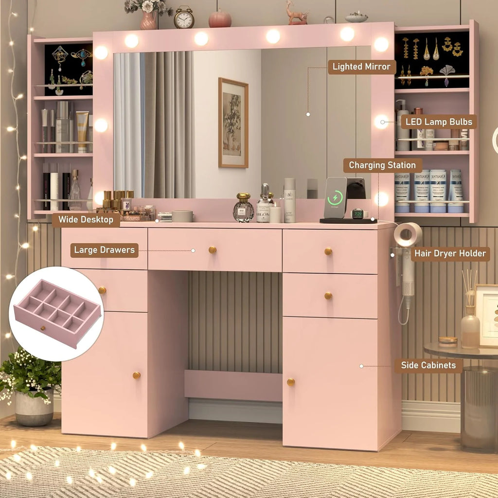 Coiffeuse blanche avec grand miroir lumineux et prise électrique, table de maquillage avec plateau en verre et tiroirs, rangement coulissant, grande coiffeuse de maquillage de 44,1 pour femmes et filles, blanche