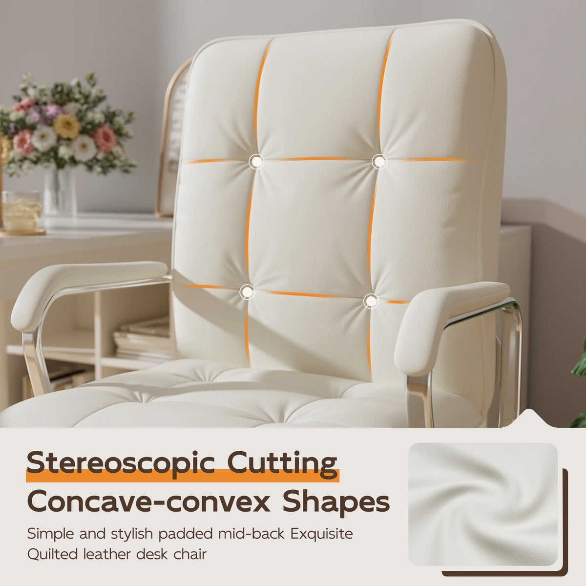 Chaise de bureau Solfway blanche, fauteuil de bureau pivotant en cuir avec roulettes et accoudoirs rembourrés, fauteuil de direction pour adultes