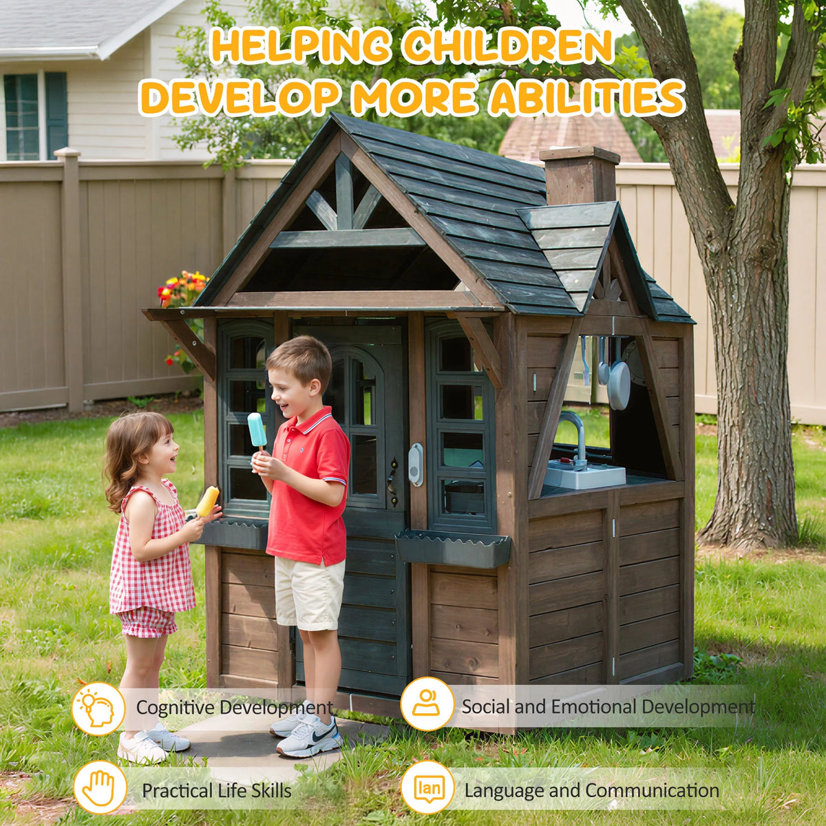 COCLUB Maison de jeu d’extérieur pour enfants de 4 à 8 ans, maison en bois avec sonnette, téléphone et jouets de cuisine, équipement de jeu extérieur pour enfants, maison pour filles (45L x 65H), blanc et noir