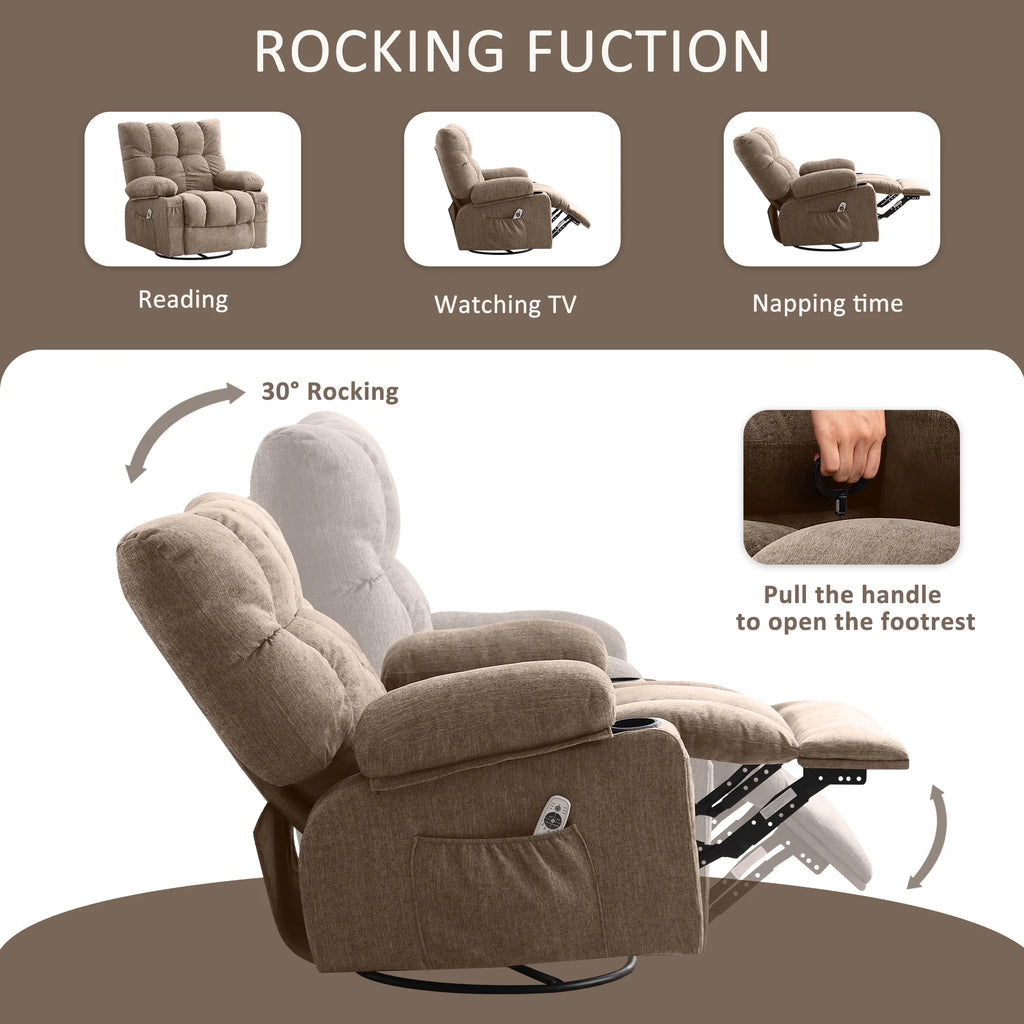 Fauteuil inclinable manuel JONPONY avec fonction de massage et de chauffage, mécanisme d’inclinaison robuste, fauteuil à bascule individuel pour personnes âgées avec porte-gobelets, pour chambre et salle de cinéma maison, gris