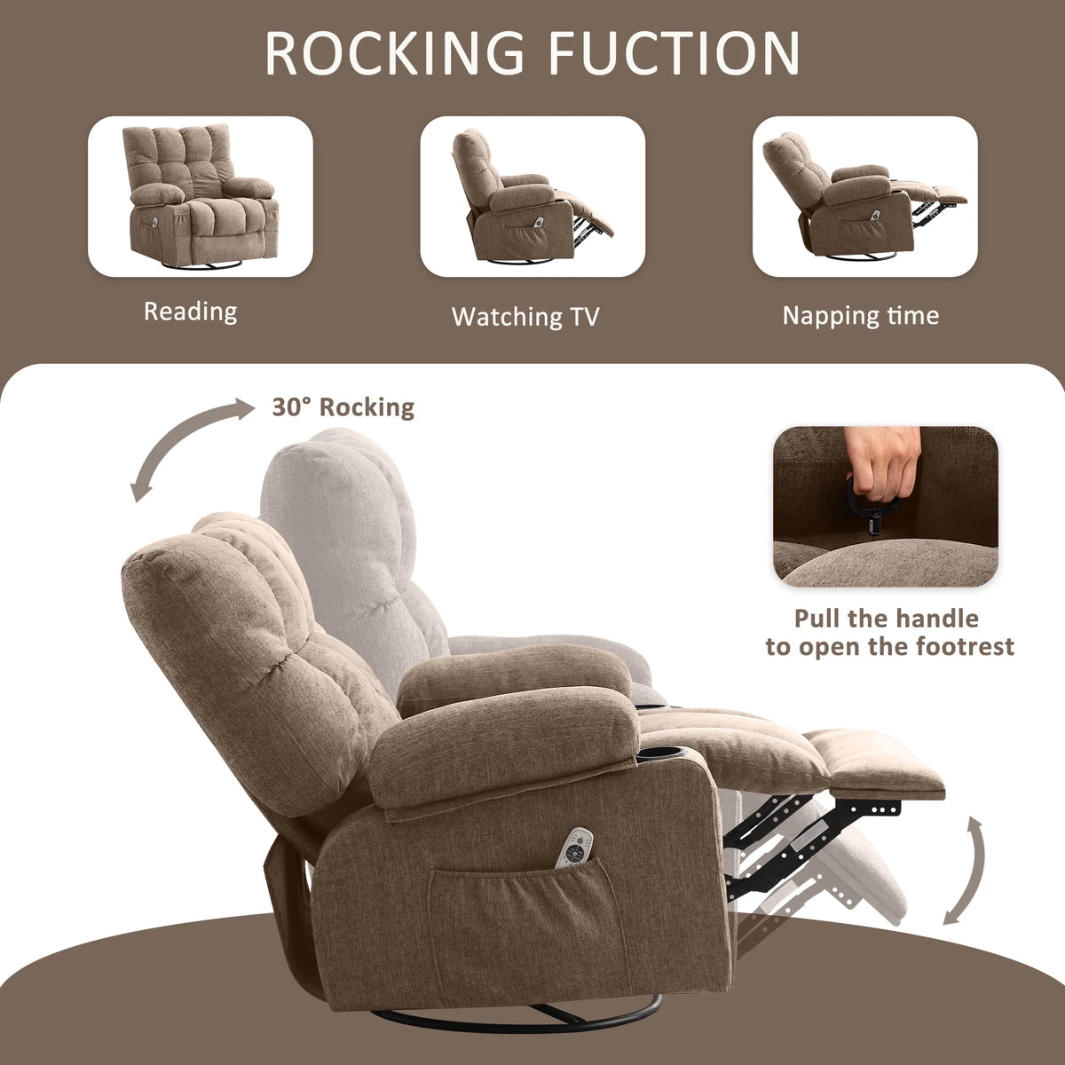 Fauteuil inclinable manuel JONPONY avec fonction de massage et de chauffage, mécanisme d’inclinaison robuste, fauteuil à bascule individuel pour personnes âgées avec porte-gobelets, pour chambre et salle de cinéma maison, gris