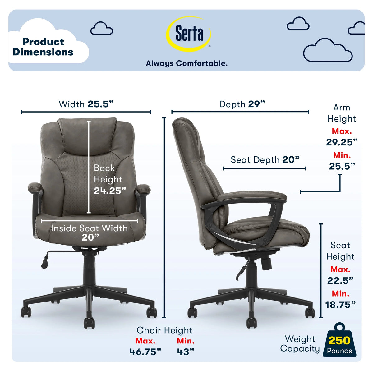 Chaise de bureau Serta Connor en microfibre gris clair
