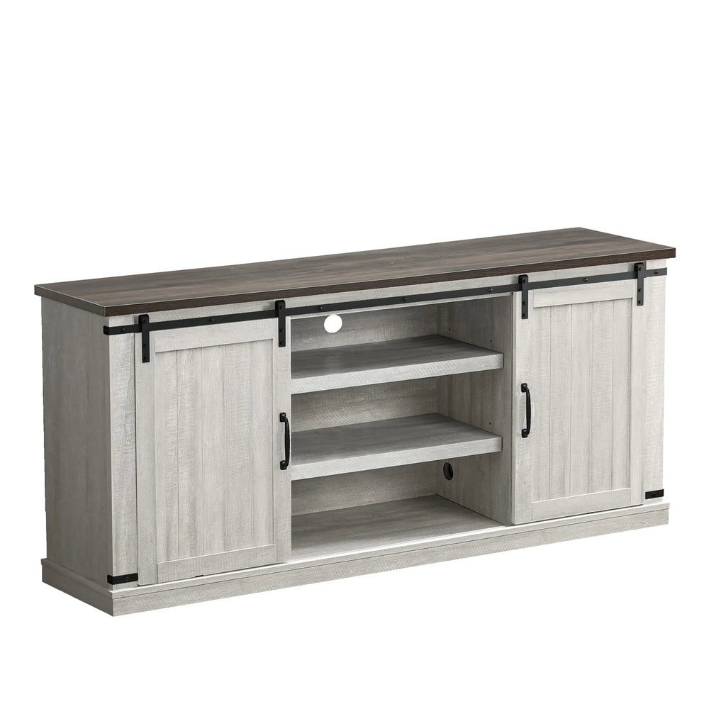 Meuble TV rustique FESTIVO pour téléviseur 75 pouces, centre de divertissement, meuble TV avec porte de grange coulissante, console TV de 68 pouces, meuble multimédia de salon avec étagère réglable - Blanc cassé