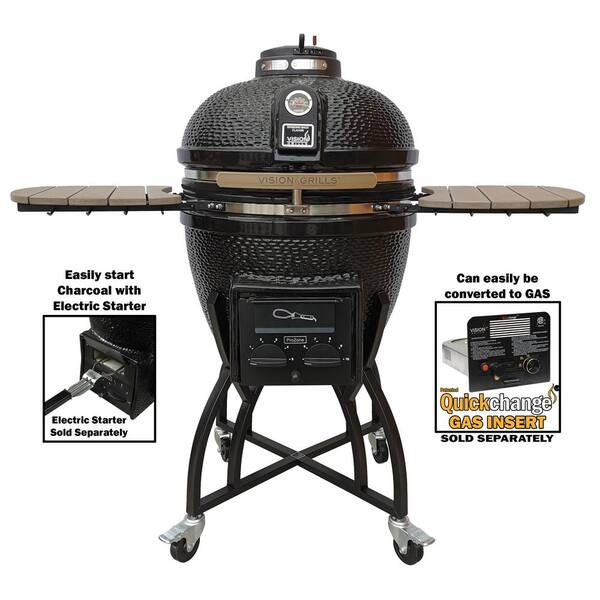 Barbecue à charbon en céramique Kamado Série S de 22 po, noir, avec couvercle, chariot, étagères latérales, deux grilles de cuisson et tiroir à cendres